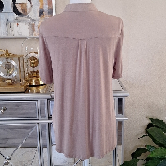 PerSeption Concepts Button Down Tan Top Large Short Sleeve - Picture 3 of 6